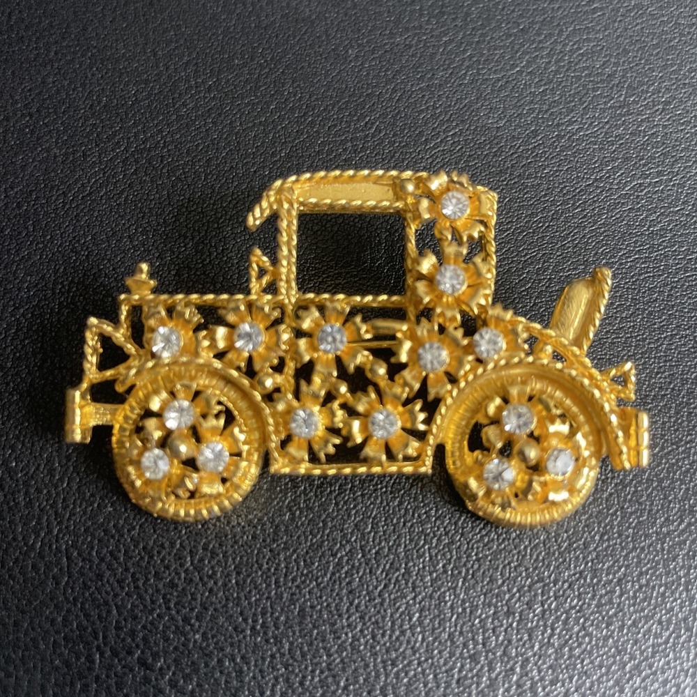 Vintage Rhinestone Car Brooch Pin In Gold Tone Model T or Model A
